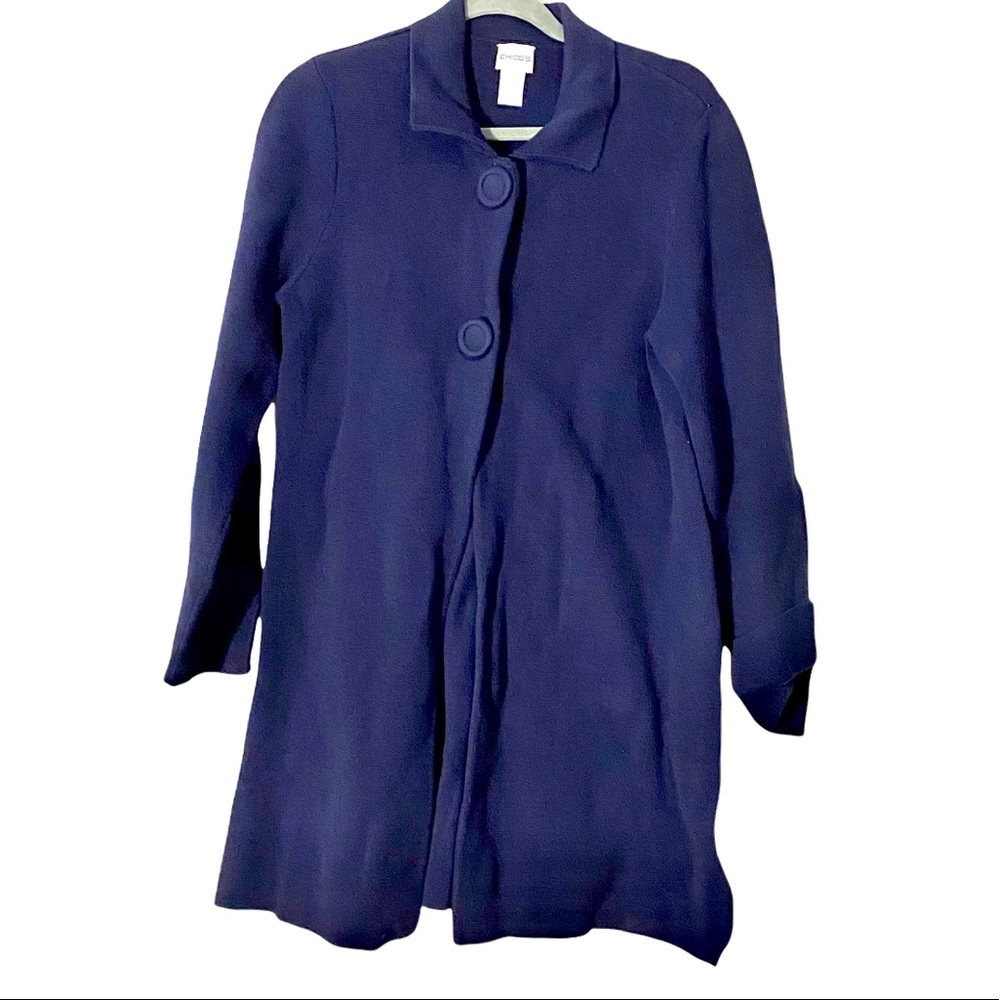 Chicos Longline Cardigan 2 button  100% Cotton Navy Blue Chicos Sz 2